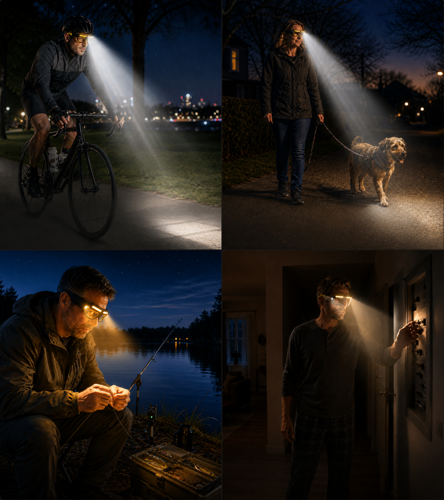 Collage met gebruikssituaties van de LED Veiligheidsbril: fietsen, hondenwandelen, vissen en thuis